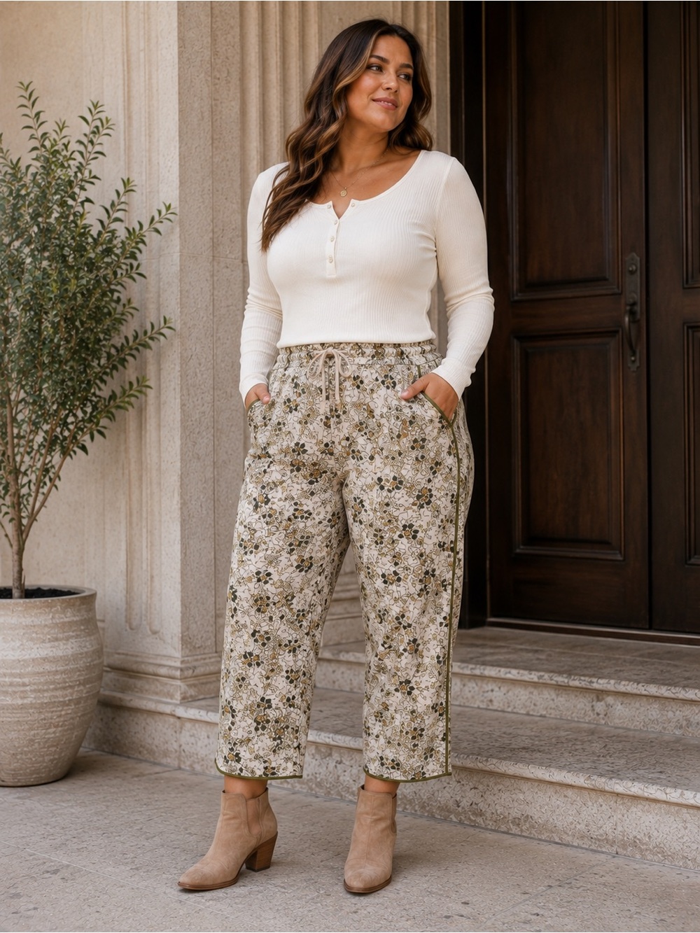 Disney Bambi Flower Thumper Quilted Crop Jogger Pants Olive Cream XL